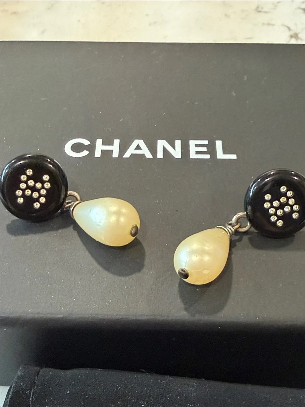 CHANEL Black Button and Cream Teardrop Pearl Drop Earrings